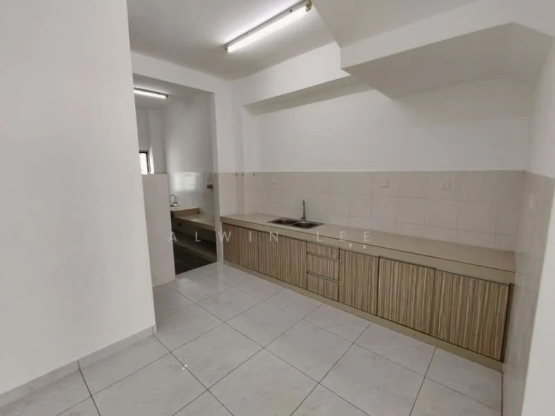 Kitchen features: light wood cabinetry, white countertop, single-bowl stainless-steel sink, chrome pull-down faucet, ceramic tile flooring, white tiled backsplash, wall-mounted lighting, open layout, window for natural light; style: modern.