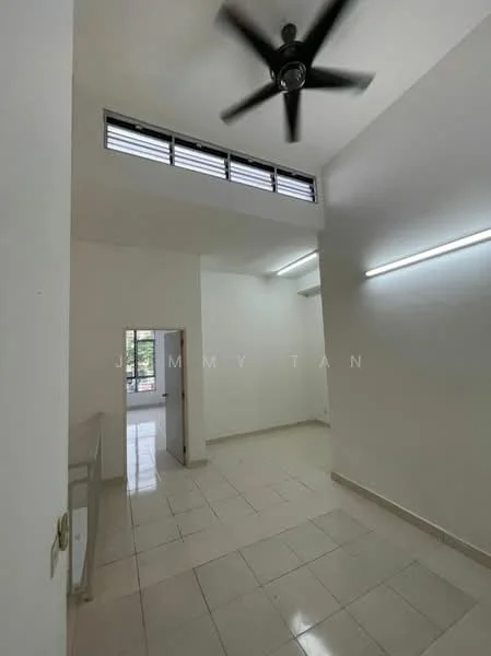 Room features: white painted walls, glossy tile flooring, 5-blade ceiling fan, large windows with louvered design, LED strip lighting, neutral color scheme, open space layout, high ceiling; style: modern; view: garden.