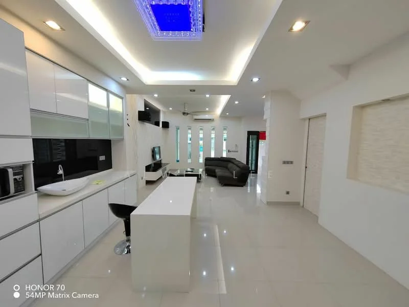 Living features: white painted walls, glossy tile flooring, recessed downlights, chandelier, floor-to-ceiling windows, black leather sofa, TV console, wall-mounted TV, open-plan layout, kitchen island with seating, single-bowl stainless-steel sink, built-in cabinetry, modern kitchen appliances, decorative wall paneling; style: modern.