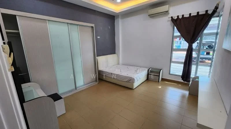 Bedroom features: queen-size bed, upholstered headboard, built-in wardrobe with sliding doors, side table, window with sheer curtains, wall-mounted air conditioning unit, light-colored wall, tile flooring, recessed ceiling lights; style: modern.