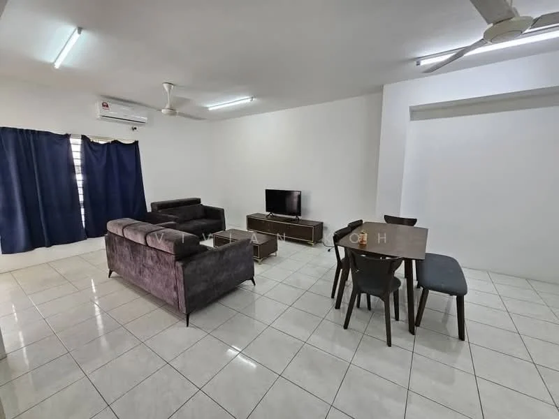 Living features: grey fabric sofa, 2-seater sofa, 3-seater sofa, coffee table, wall-mounted TV, TV console, ceiling fan, white painted walls, glossy tile flooring, blackout curtains, dining table with 4 chairs; style: modern.