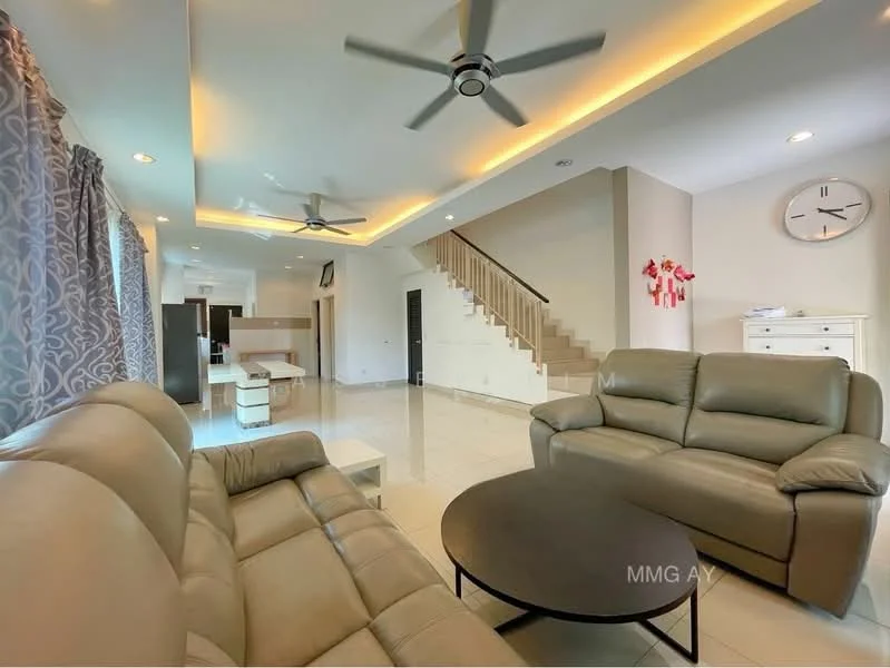 Living features: 2-seater leather sofa in light grey, 3-seater leather sofa in light grey, ceiling fan with light, recessed LED downlights, wall-mounted clock, cream painted walls, white tiled flooring, staircase with wooden steps, large windows with sheer curtains, decorative wall art, open layout to dining area; style: modern.