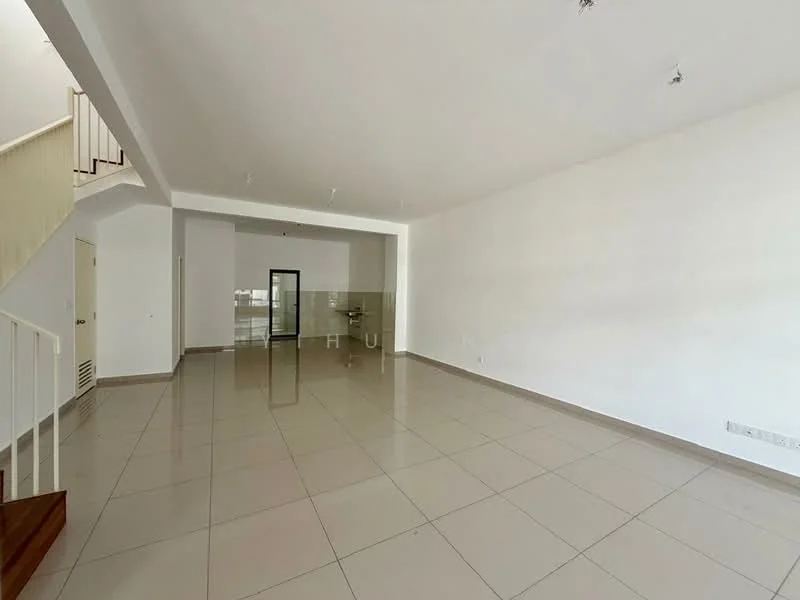 Living features: white painted walls, glossy tile flooring, recessed downlights, large windows, open layout, staircase leading to upper floor, glass door leading to kitchen, neutral color palette; style: modern. Kitchen features: kitchen area visible, countertop, sink, cabinets, back wall with tiles; style: modern.