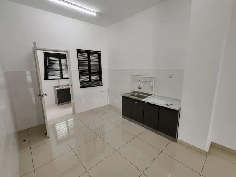 Kitchen features: white tiled walls, cream floor tiles, grey cabinetry, single-bowl stainless-steel sink, chrome pull-down faucet, marble countertop, window with black blinds, built-in cabinets, recessed ceiling lights; style: modern.