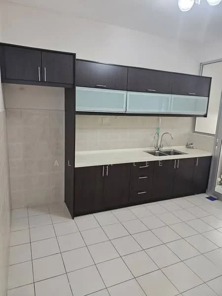 Kitchen features: dark wood cabinetry with glass-front upper cabinets, light-colored countertop, single-bowl stainless-steel sink, chrome pull-down faucet, white tiled backsplash, white tiled flooring, recessed ceiling lights, wall-mounted storage cabinet; style: modern.