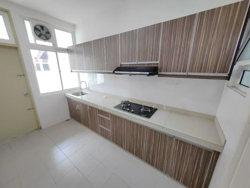 Kitchen features: brown wood cabinetry, white countertop, built-in gas hob, stainless-steel range hood, single-bowl stainless-steel sink, chrome pull-down faucet, wall-mounted split AC, white tiled flooring, large windows for natural light; style: modern.