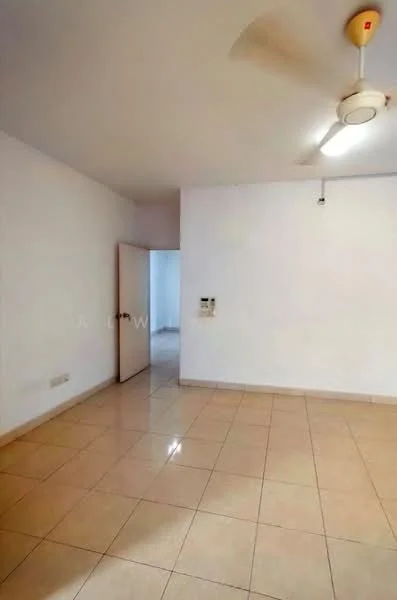 Room features: white painted walls, cream tiled flooring, ceiling fan, doorway leading to another room, light switch on wall, power outlets on wall.