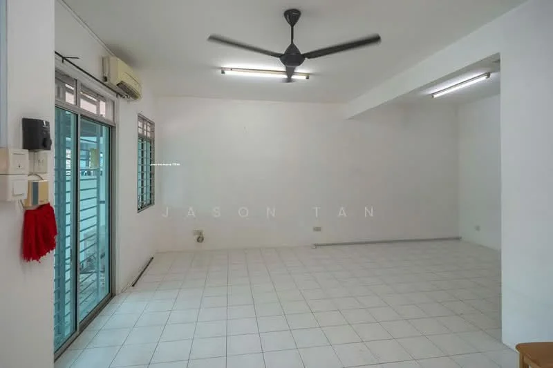 Room features: white painted walls, white tiled flooring, ceiling fan, wall-mounted air conditioning unit, sliding glass door, large windows, LED ceiling lights; style: minimalist.