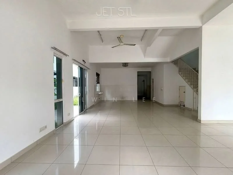 Living features: white painted walls, polished ceramic tile flooring, 5-blade ceiling fan, floor-to-ceiling windows, sliding glass door, open layout, high ceiling, staircase visible; style: modern.
