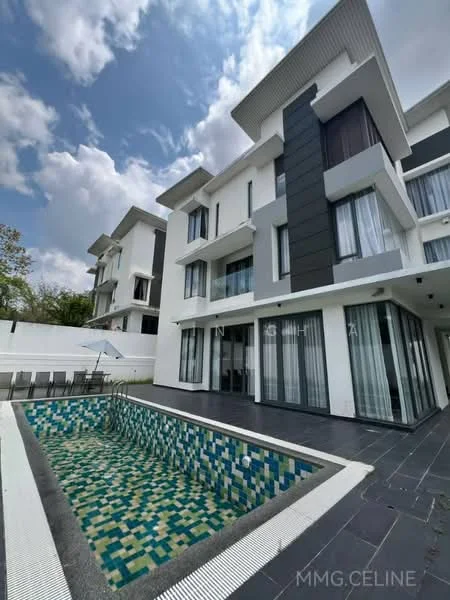 Exterior type: detached bungalow; features: swimming pool with mosaic tile, outdoor seating area, glass sliding doors, white painted facade, grey accent wall, manicured landscaping, multiple storeys, large windows, patio area, modern architectural design; style: modern.