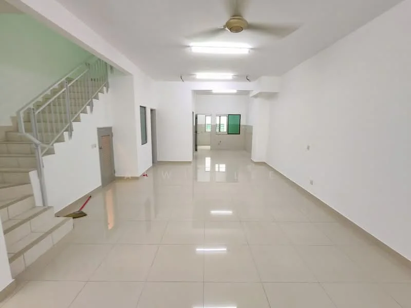 Room features: white painted walls, glossy ceramic tile flooring, 5-blade ceiling fan, recessed LED downlights, staircase with metal railing, large windows for natural light, open layout, neutral color scheme; style: modern.