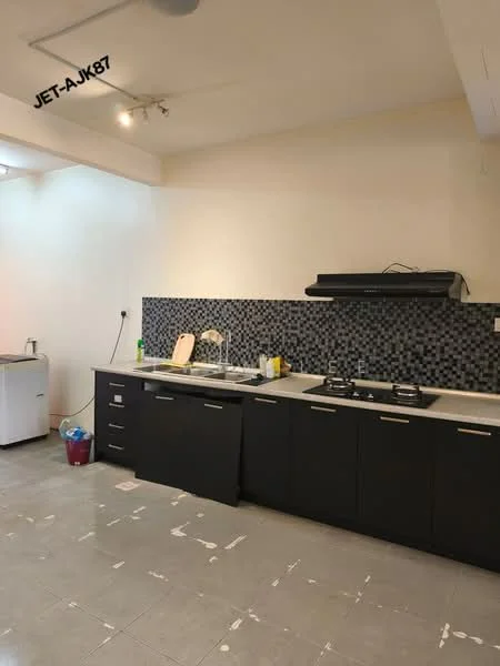 Kitchen features: black cabinetry, white countertop, stainless-steel sink, chrome pull-down faucet, 4-burner gas hob, built-in range hood, black mosaic tile backsplash, grey tile flooring, refrigerator, wall-mounted lighting; style: modern.