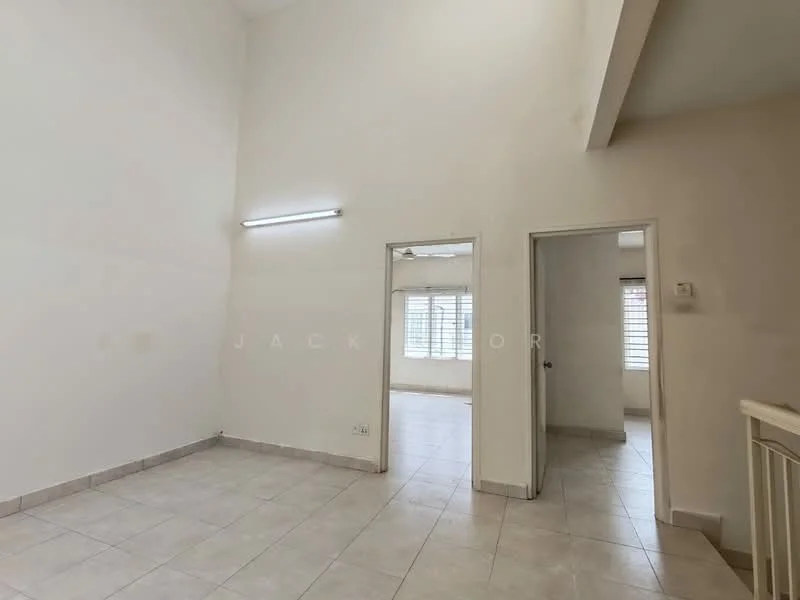 Room features: white painted walls, tile flooring, high ceiling, windows with blinds, light fixture on wall, doorway to adjacent rooms.