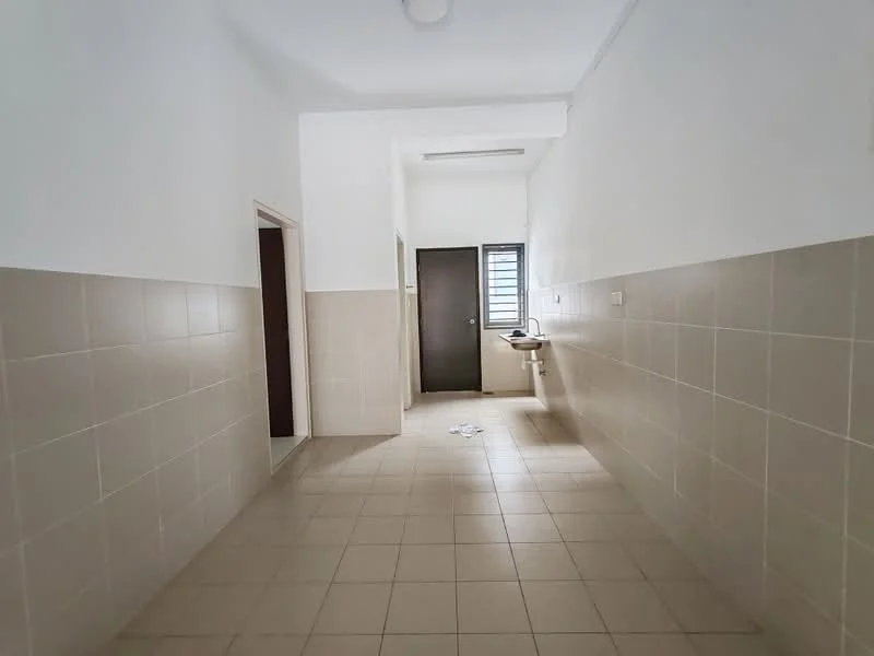 Room features: white painted walls, beige tiled walls, cream floor tiles, single door, window with metal grille, light fixture on ceiling, wall-mounted sink, no visible furniture; style: minimalist.