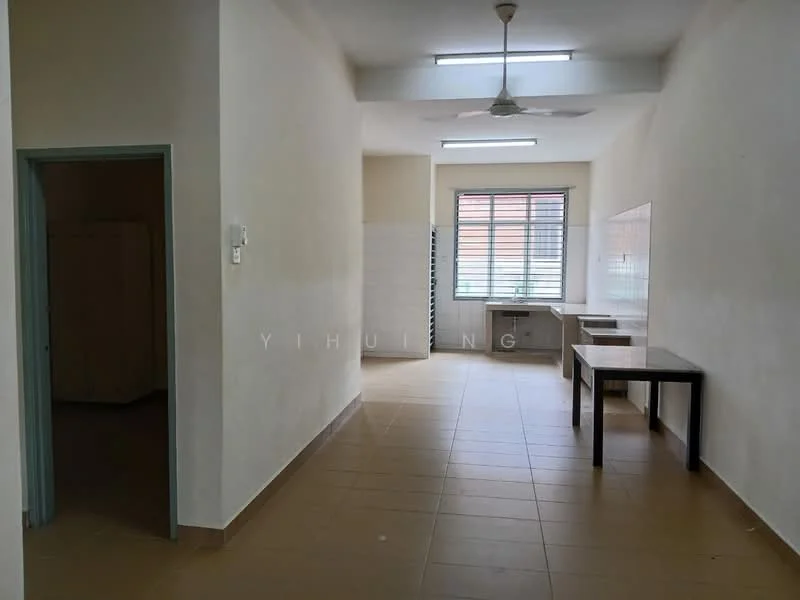 Room features: cream painted walls, tile flooring, ceiling fan, window with blinds, wooden table, built-in cabinetry, light fixtures, open layout; style: minimalist.