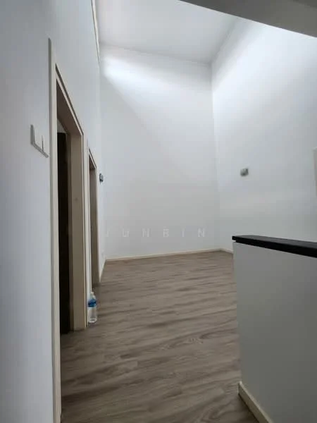 Room features: white painted walls, high ceiling, wooden flooring, light source from above, doorways, baseboards; style: modern.