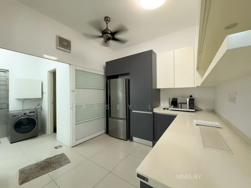 Kitchen features: white laminate cabinetry, grey flat-panel cabinets, stainless-steel fridge, built-in microwave, single-bowl stainless-steel sink, chrome pull-down faucet, white quartz countertop, ceramic tile flooring, recessed downlights, 5-blade ceiling fan, open shelving, laundry area with front-load washing machine, sliding glass door; style: modern.