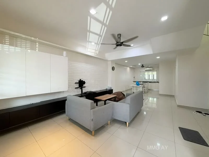 Living features: grey fabric sofa, coffee table, wall-mounted TV, white painted walls, white ceiling, recessed downlights, 5-blade ceiling fan, tile flooring, built-in cabinetry, decorative wall with white tiles, open layout to dining area, large windows for natural light; style: modern.