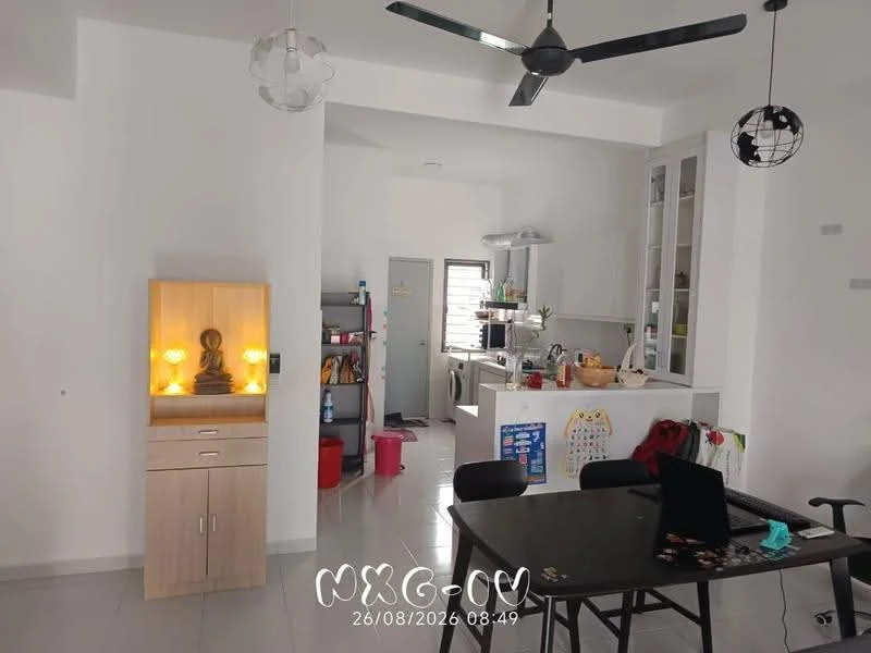 Living features: grey tiled flooring, white painted walls, 5-blade ceiling fan with light, pendant light fixtures, black dining table, black chairs, wooden cabinet with illuminated display, open kitchen layout, kitchen with white cabinetry, stainless-steel sink, countertop with kitchen appliances, refrigerator, decorative items on shelves; style: modern.