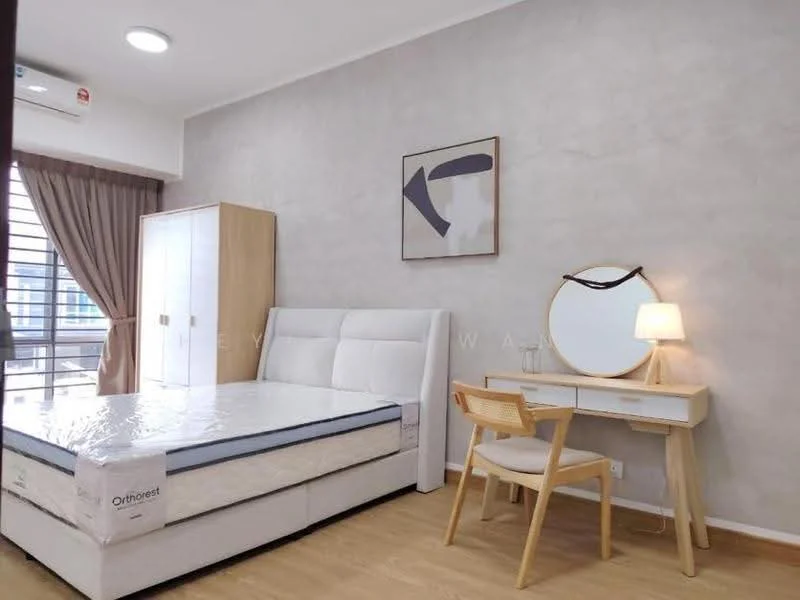 Bedroom features: queen-size bed with upholstered headboard, wooden bedside table, desk with mirror, wooden chair, floor-to-ceiling windows, curtains, light fixture, laminate flooring, grey accent wall, decorative artwork; style: modern; view: city.