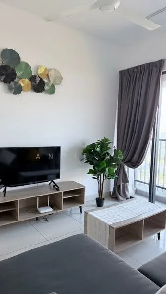 Living features: grey fabric sofa, wooden coffee table, TV console with storage, wall-mounted TV, floor-to-ceiling windows, curtains in dark grey, decorative wall art with circular shapes, indoor plant in pot, white tiled flooring, ceiling fan; style: modern; view: city.