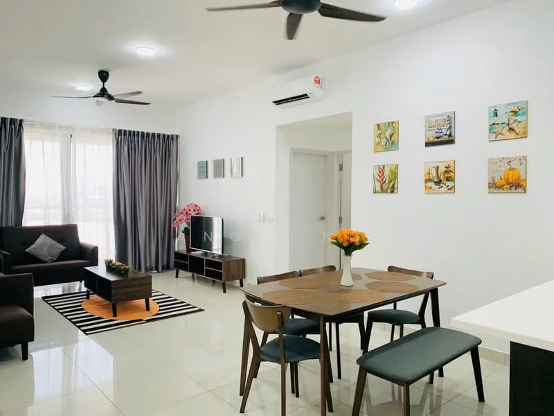 Living features: 3-seater fabric sofa in dark grey, coffee table with wooden legs, TV console in dark wood, wall-mounted TV, area rug with geometric pattern, ceiling fan with light, floor-to-ceiling windows with sheer curtains, decorative wall art, potted houseplants, dining table with 4 chairs, bench seating, white walls, glossy tile flooring; style: modern; view: city.