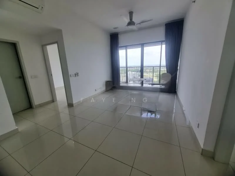 Living features: white painted walls, glossy ceramic tile flooring, floor-to-ceiling windows, sliding glass door, grey curtains, ceiling fan, air conditioning unit, neutral color scheme; style: modern; view: city.