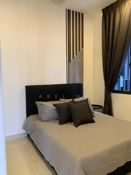 Bedroom features: queen-size bed with black upholstered headboard, grey bedding, decorative pillows in various shades, white painted walls, accent wall with geometric design, floor-to-ceiling window with dark curtains, tile flooring, nightstand beside bed; style: modern.