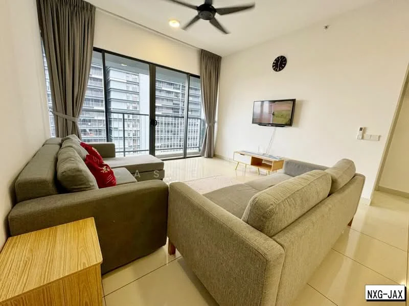 Living features: 2-seater fabric sofa in grey, 3-seater fabric sofa in beige, wooden side table, wall-mounted TV, floor-to-ceiling windows, sheer curtains, recessed downlights, ceiling fan, light-colored tiled flooring, decorative wall clock; style: modern; view: city.