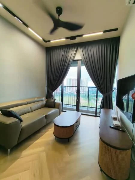 Living features: 3-seater fabric sofa in beige, coffee table, TV console, wall-mounted TV, floor-to-ceiling windows, blackout curtains, 5-blade ceiling fan with light, wooden flooring, decorative wall paneling, green view from windows; style: modern; view: garden.