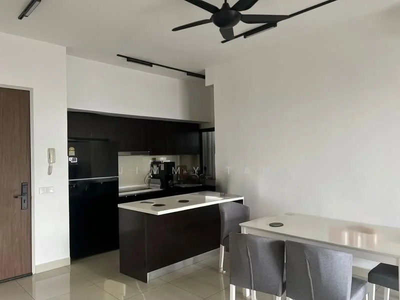 Kitchen features: black cabinetry, white countertop, stainless-steel fridge, built-in oven, 4-burner gas hob, single-bowl stainless-steel sink, chrome pull-down faucet, pendant lighting, ceiling fan, dining table for 4, grey upholstered dining chairs, tile flooring, wall-mounted kitchen cabinets; style: modern.