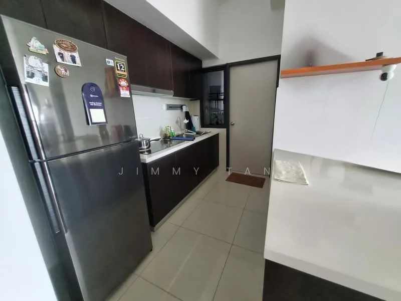 Kitchen features: stainless-steel fridge, built-in oven, ceramic tile flooring, dark wood cabinetry, white countertop, single-bowl stainless-steel sink, chrome pull-down faucet, wall-mounted range hood, kitchen utensils on countertop, greenery on countertop, open shelving, light-colored walls; style: modern.