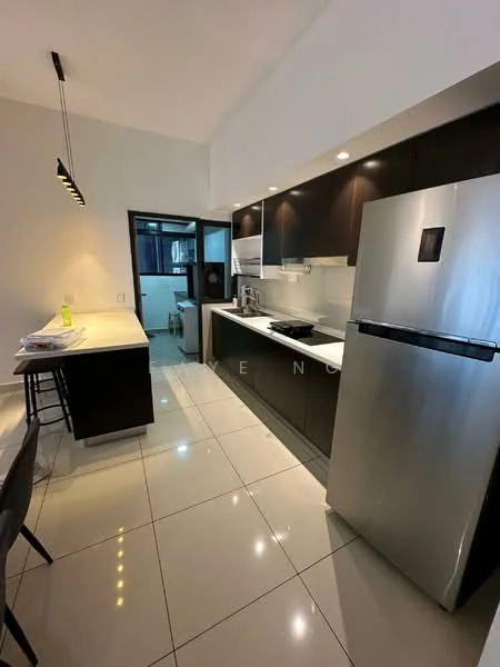 Kitchen features: white quartz countertop, black cabinetry, stainless-steel fridge, built-in oven, 4-burner gas hob, stainless-steel range hood, pendant lighting, ceramic tile flooring, wall-mounted cabinets, open shelving, single-bowl stainless-steel sink, chrome pull-down faucet, breakfast bar, recessed downlights; style: modern.