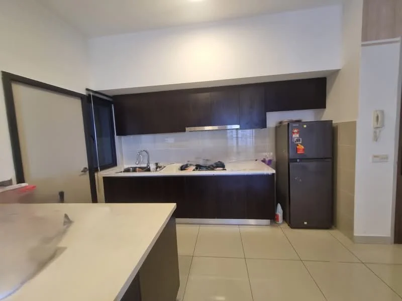 Kitchen features: dark wood cabinetry, white countertop, single-bowl stainless-steel sink, chrome pull-down faucet, built-in stove, stainless-steel range hood, fridge, tile backsplash, ceramic tile flooring, wall-mounted cabinets, open shelving, window with black frame; style: modern.