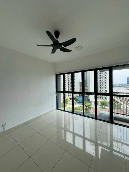 Living features: white painted walls, glossy ceramic tile flooring, 5-blade ceiling fan with light, floor-to-ceiling windows, sliding glass door, city view, natural light, open layout; style: modern; view: city.