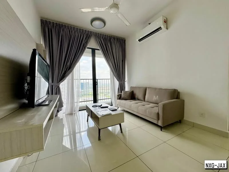Living features: 3-seater fabric sofa in beige, coffee table, wall-mounted TV, TV console, floor-to-ceiling windows, sheer curtains, white painted walls, ceiling fan, recessed downlights, tile flooring; style: modern; view: city.