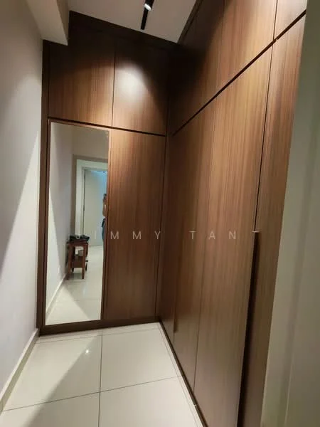 Room features: wooden cabinetry, full-height wardrobe, mirror on wardrobe door, white walls, glossy tile flooring, recessed lighting, neutral color palette; style: modern.