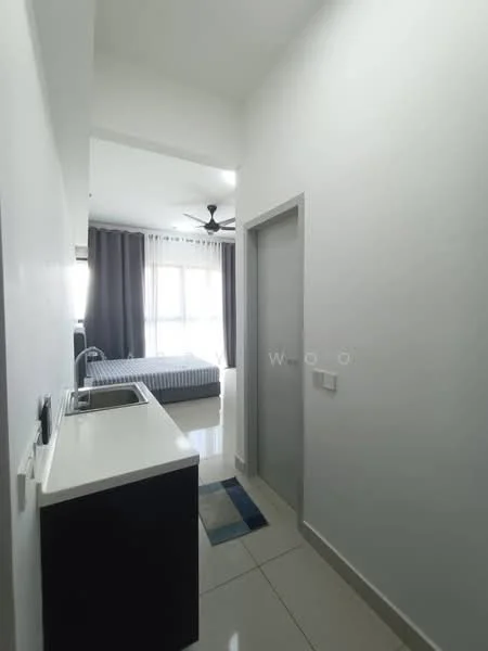 Room features: white painted walls, glossy tile flooring, ceiling fan, window with sheer curtains, grey curtains, kitchenette with sink, countertop, door leading to another room; style: modern.