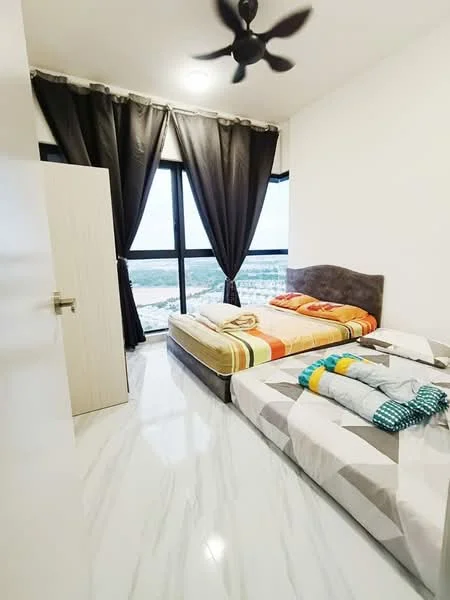 Bedroom features: king-size bed with colorful bedding, single bed with patterned bedding, floor-to-ceiling windows, blackout curtains, light-colored walls, marble tile flooring, 5-blade ceiling fan, wooden wardrobe, decorative throw pillows, area rug; style: modern; view: city.