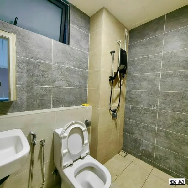 Bathroom features: grey tiled walls, light beige tiled flooring, walk-in shower with glass partition, chrome shower head, wall-mounted shower control, one-piece toilet, framed mirror, window for natural light, sink with chrome faucet, toilet paper holder; style: modern.