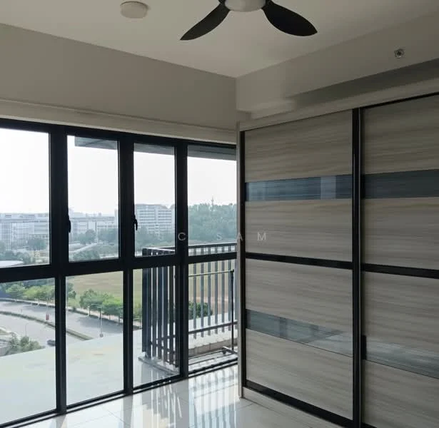 Room features: floor-to-ceiling windows, sliding glass door, balcony with railing, white walls, glossy tile flooring, ceiling fan, built-in wardrobe with sliding doors, view of greenery; style: modern; view: garden.