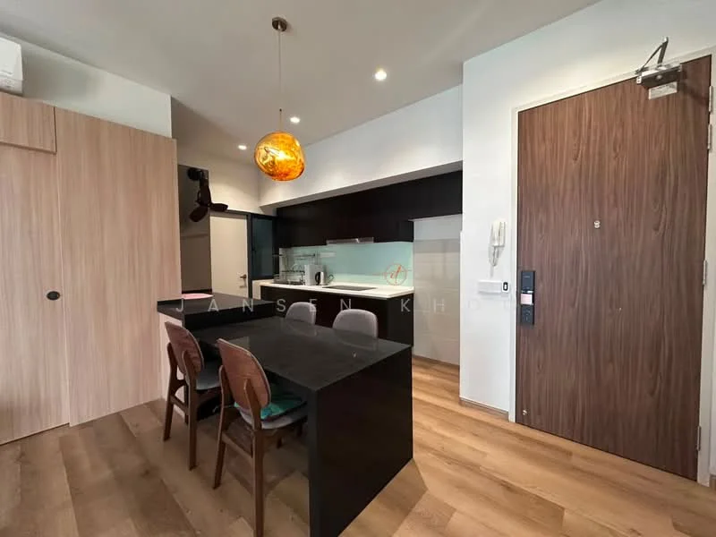 Kitchen features: black countertop, wooden cabinetry, stainless-steel sink, chrome pull-down faucet, built-in oven, freestanding range oven, refrigerator, pendant light, bar stools, open layout, wooden flooring, glass backsplash; style: modern. Room features: main entrance door, wall-mounted intercom, air conditioning unit.