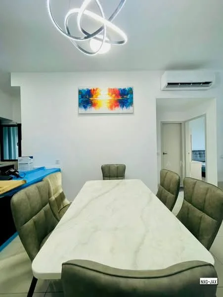 Dining features: marble dining table, upholstered dining chairs in grey, abstract artwork on wall, recessed ceiling lights, wall-mounted split AC, white painted walls, tile flooring, open layout to kitchen, modern pendant light fixture; style: modern.