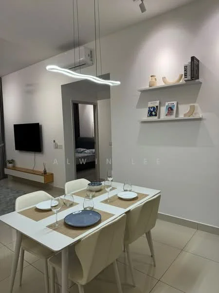 Dining features: white dining table, 4 white dining chairs, table setting with plates and glasses, light fixture with modern design, wall-mounted shelves, decorative items on shelves, cream painted walls, tile flooring, wall-mounted TV, air conditioning unit; style: modern. Room features: grey carpet, doorway leading to another room.