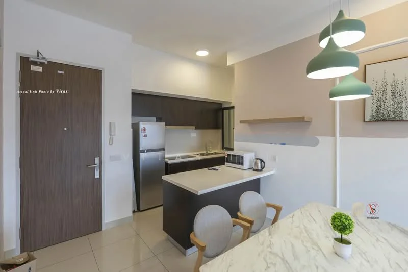 Kitchen features: white cabinets, stainless-steel fridge, built-in microwave, ceramic tile flooring, white countertop, kitchen island with seating, pendant lighting, wall-mounted shelf, sink, chrome faucet; style: modern. Dining features: marble dining table, two upholstered chairs, decorative wall art; style: modern.