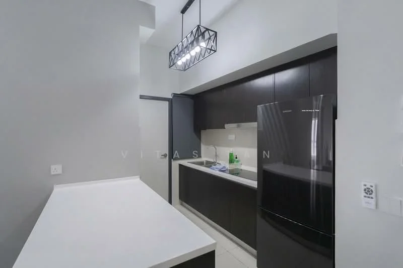 Kitchen features: black refrigerator, white countertop, dark wood cabinetry, stainless-steel sink, chrome faucet, wall-mounted light fixture, tile flooring, grey painted walls; style: modern.