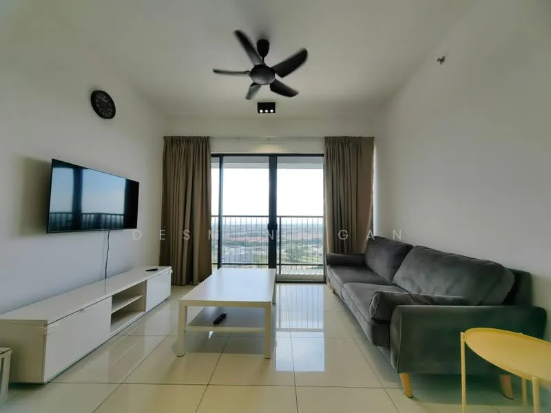 Living features: 3-seater fabric sofa in grey, white coffee table, TV console, wall-mounted TV, floor-to-ceiling windows, curtains, ceiling fan, white tiled flooring, decorative wall clock; style: modern; view: city.