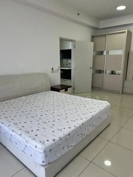 Bedroom features: queen-size bed with upholstered headboard, white bed frame, white floral-patterned mattress, white painted walls, glossy tile flooring, built-in wardrobe with sliding doors, nightstand, door leading to another room, window with natural light; style: modern.