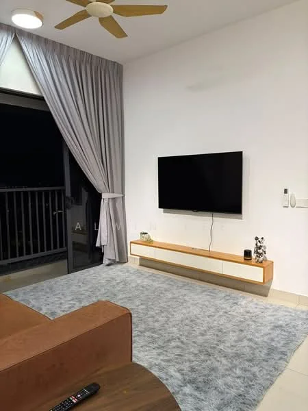 Living features: 5-blade ceiling fan, wall-mounted TV, TV console with storage, grey area rug, cream painted walls, floor-to-ceiling windows, curtains, light-colored sofa, light-colored flooring; style: modern; view: city.