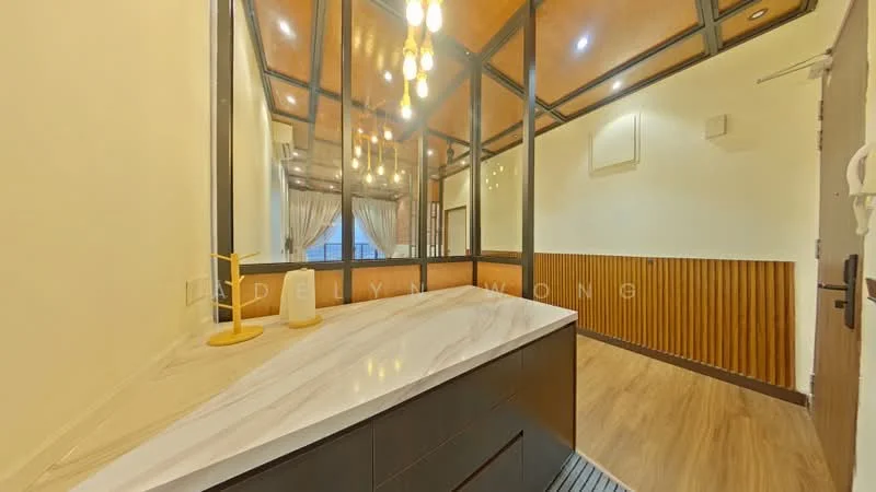 Room features: marble countertop, wood paneling, glass partition walls, wooden flooring, recessed downlights, hanging pendant lights, white painted walls, air conditioning unit; style: modern.